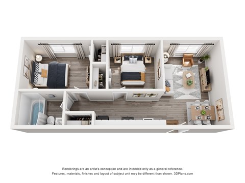 Floor plan for 2 beds, 1 bath, 576 sqft